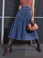 Women Blue Blast Denim Flared Midi Skirt-SFSKRT30431