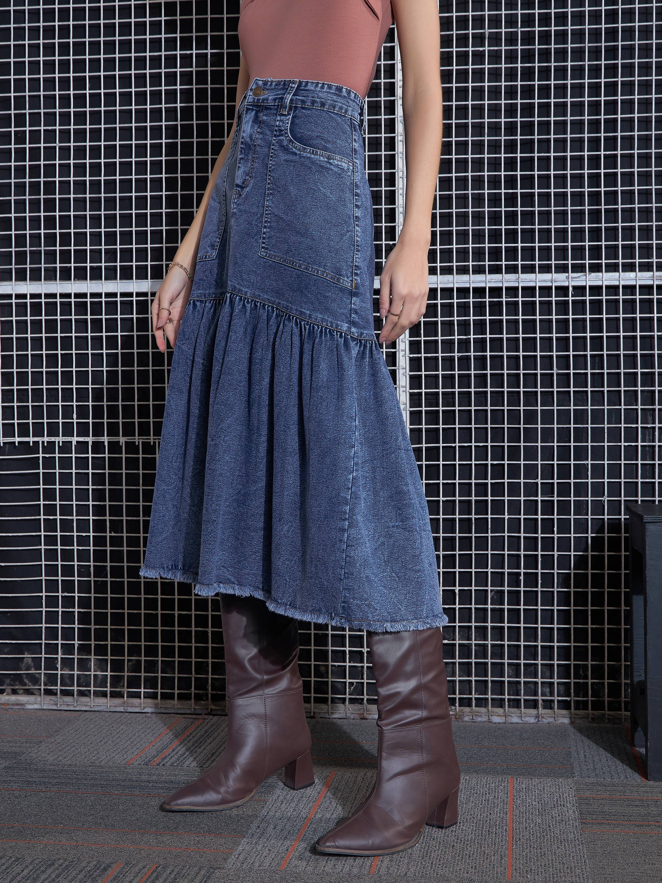 Women Blue Blast Denim Flared Midi Skirt-SFSKRT30431