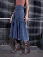 Women Blue Blast Denim Flared Midi Skirt-SFSKRT30431