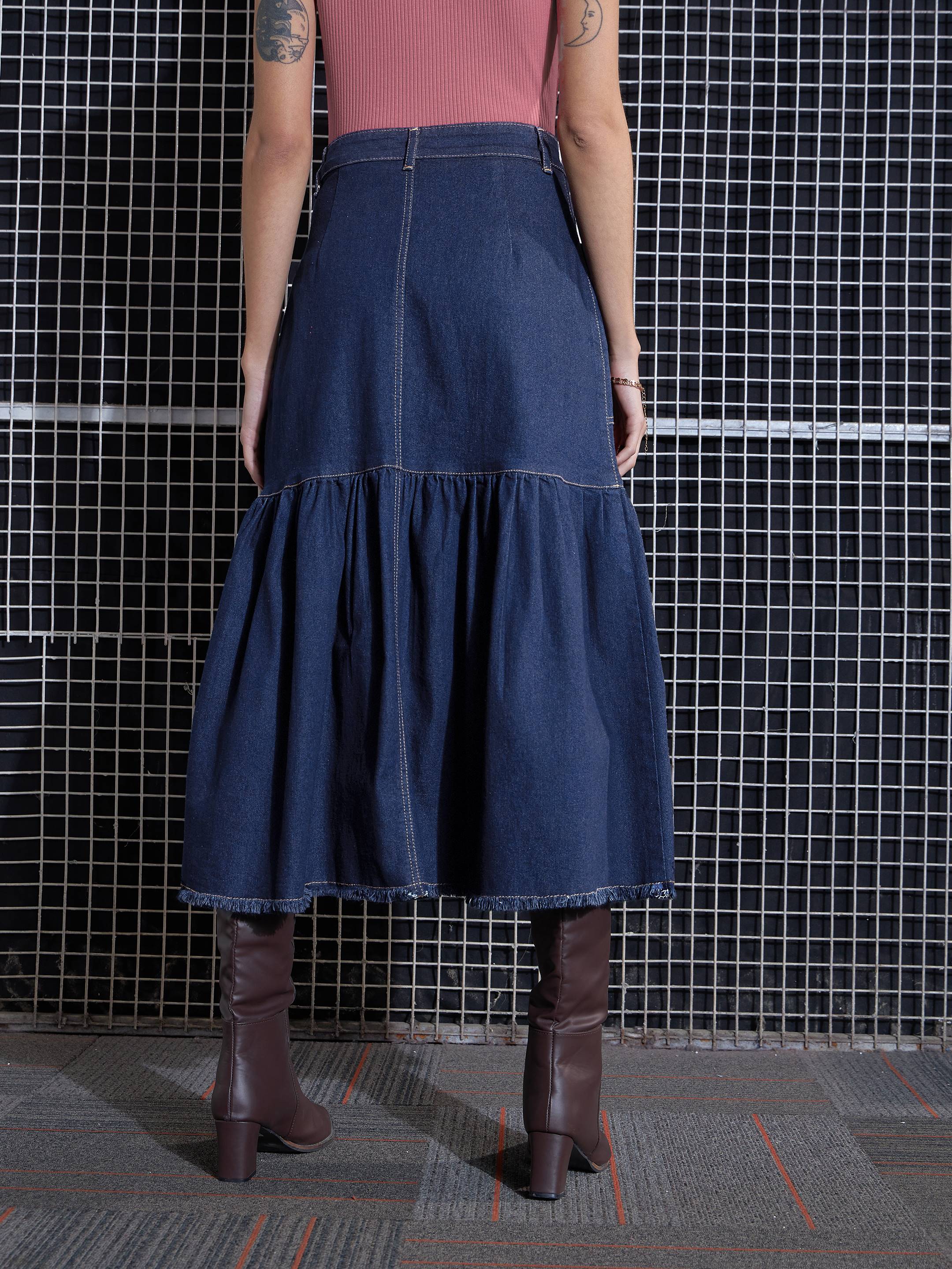 Women Blue Blast Denim Flared Midi Skirt-SFSKRT30431