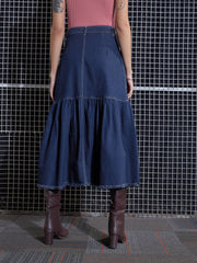 Women Blue Blast Denim Flared Midi Skirt-SFSKRT30431