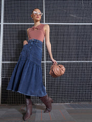 Women Blue Blast Denim Flared Midi Skirt-SFSKRT30431