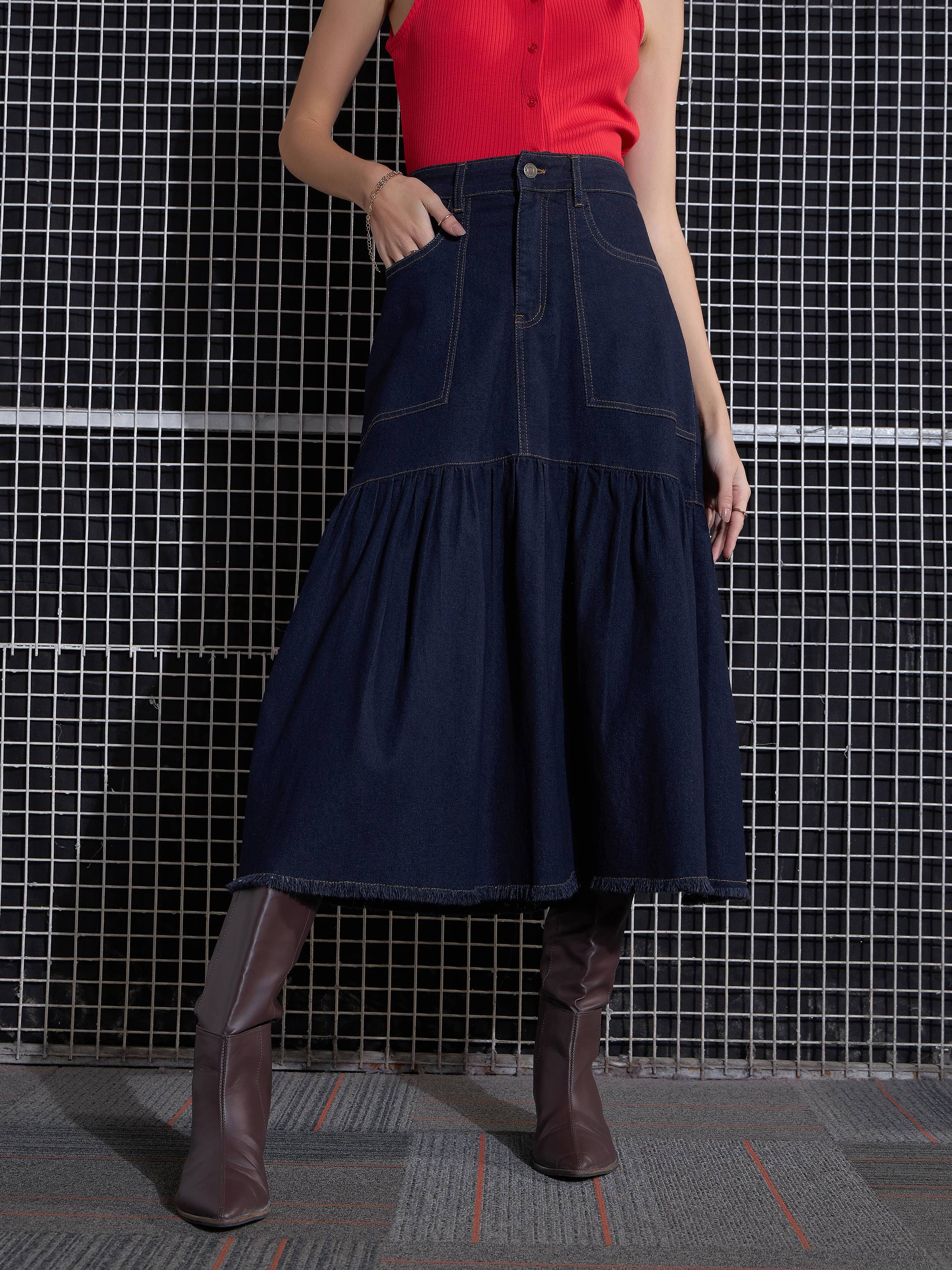 Women Navy Blast Denim Flared Midi Skirt-SFSKRT30432
