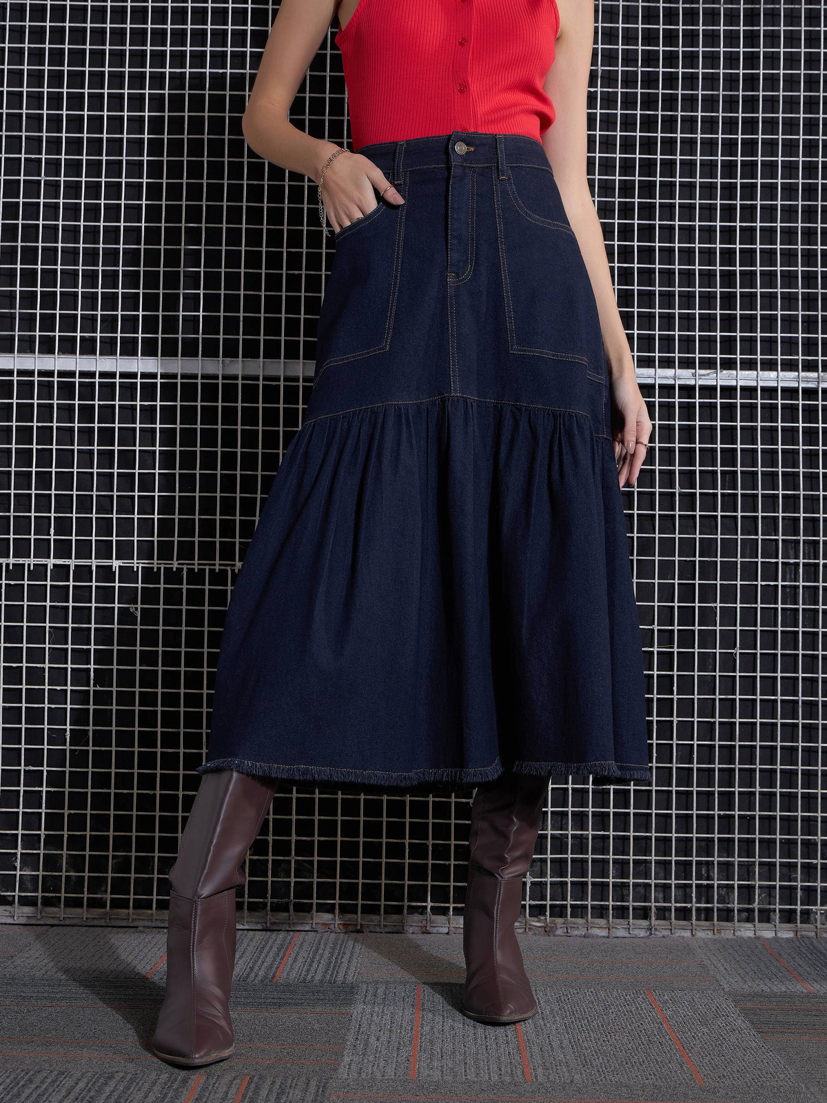 Women Navy Blast Denim Flared Midi Skirt-SFSKRT30432