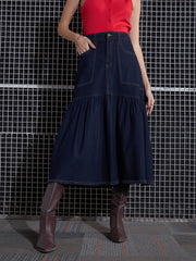 Women Navy Blast Denim Flared Midi Skirt-SFSKRT30432