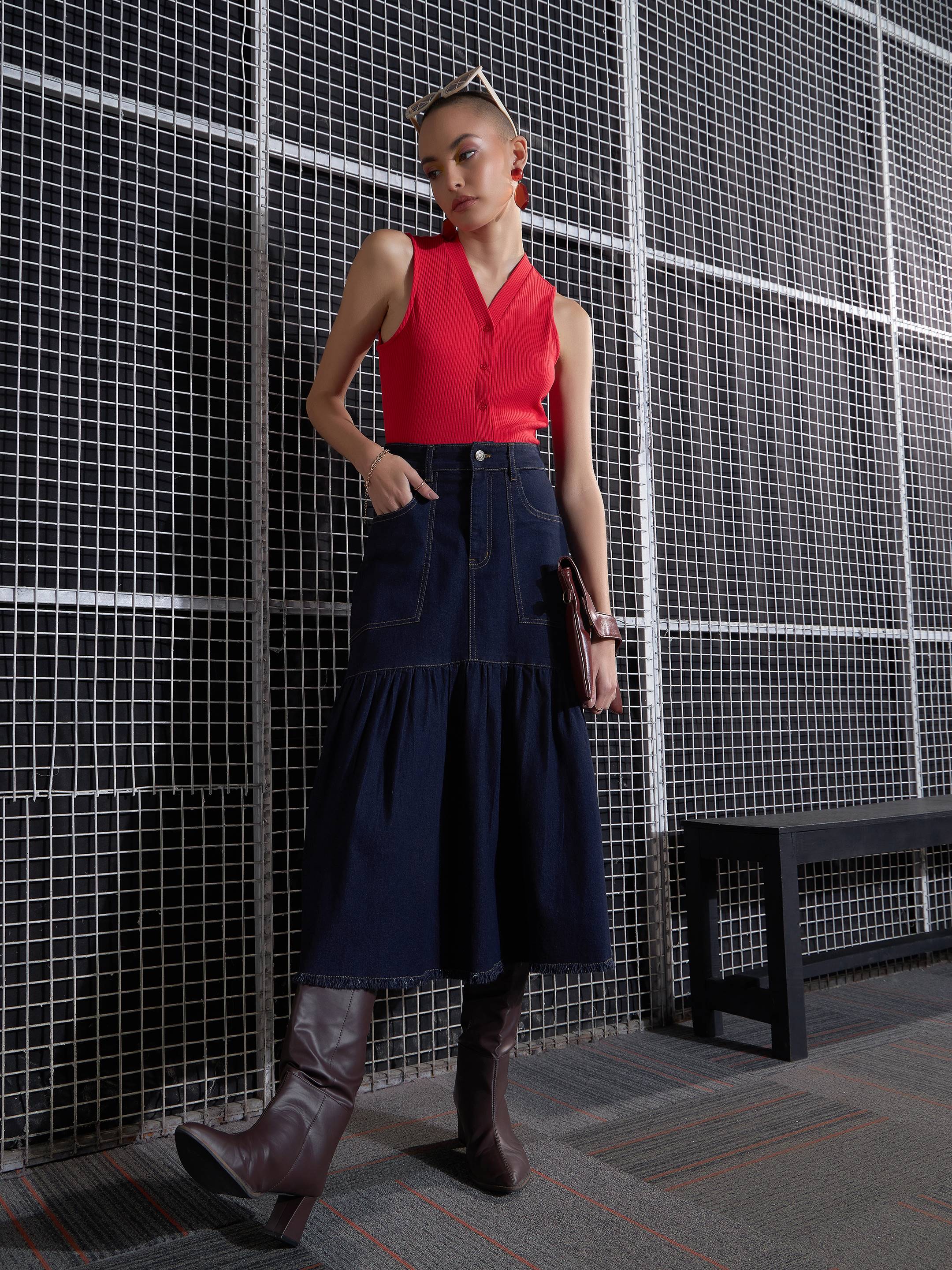 Women Navy Blast Denim Flared Midi Skirt-SFSKRT30432
