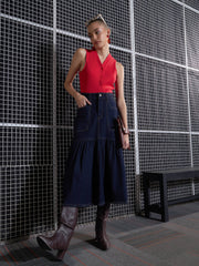 Women Navy Blast Denim Flared Midi Skirt-SFSKRT30432