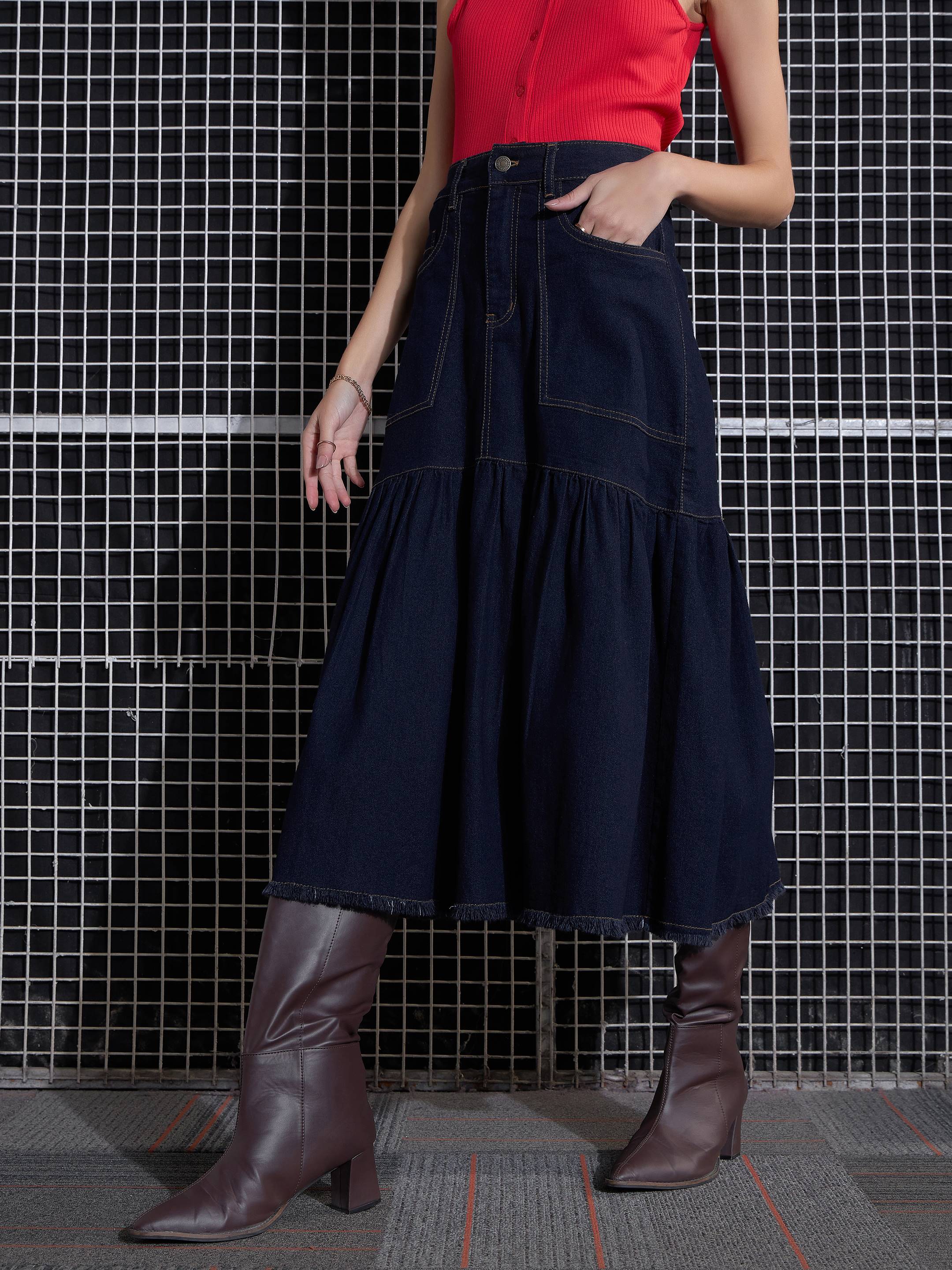 Women Navy Blast Denim Flared Midi Skirt-SFSKRT30432