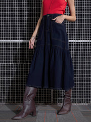 Women Navy Blast Denim Flared Midi Skirt-SFSKRT30432