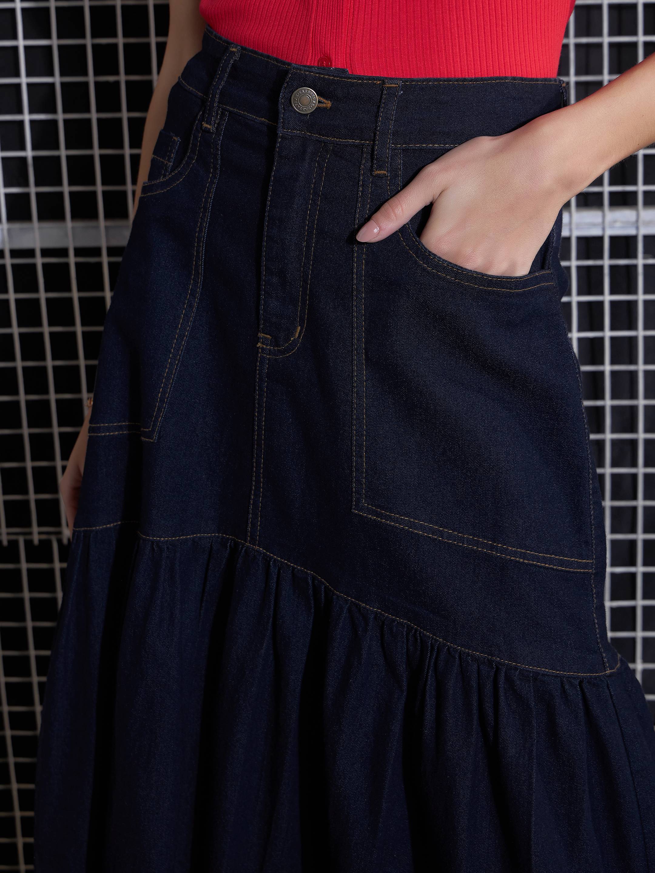 Women Navy Blast Denim Flared Midi Skirt-SFSKRT30432