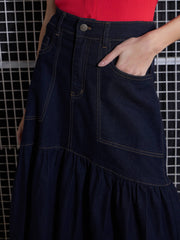 Women Navy Blast Denim Flared Midi Skirt-SFSKRT30432