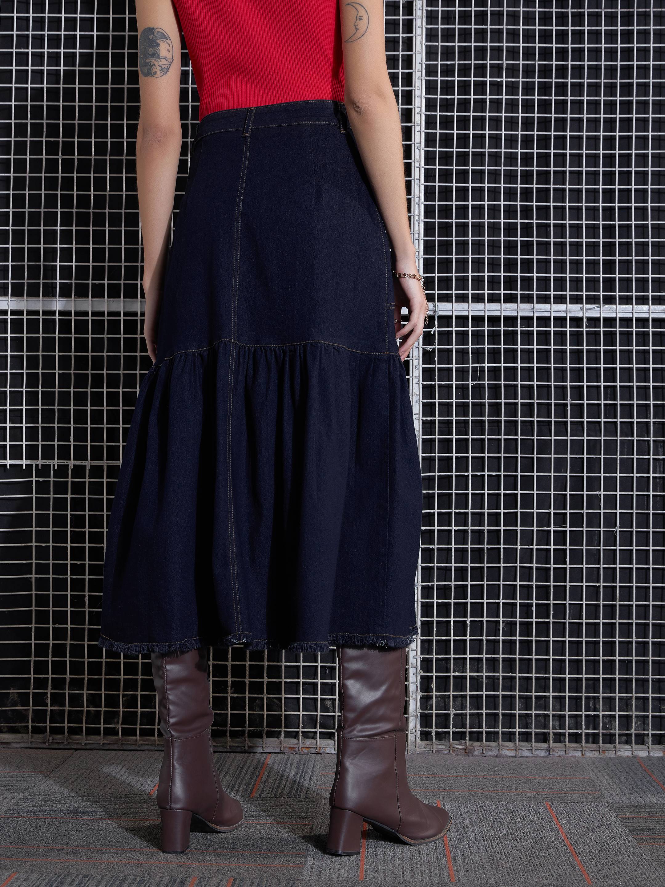 Women Navy Blast Denim Flared Midi Skirt-SFSKRT30432