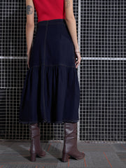 Women Navy Blast Denim Flared Midi Skirt-SFSKRT30432