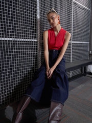 Women Navy Blast Denim Flared Midi Skirt-SFSKRT30432