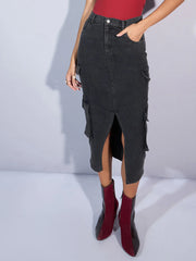 Women Black Denim Box Pocket Front Slit Midi Skirt-SFSKRT30451