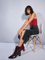 Women Black Denim Box Pocket Front Slit Midi Skirt-SFSKRT30451
