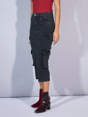 Women Black Denim Box Pocket Front Slit Midi Skirt-SFSKRT30451