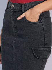 Women Black Denim Box Pocket Front Slit Midi Skirt-SFSKRT30451