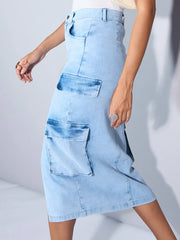 Women Light Blue Denim Box Pocket Front Slit Midi Skirt-SFSKRT30452