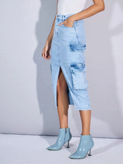 Women Light Blue Denim Box Pocket Front Slit Midi Skirt-SFSKRT30452