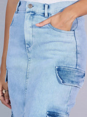 Women Light Blue Denim Box Pocket Front Slit Midi Skirt-SFSKRT30452