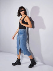 Women Blue Washed Denim Front Button Midi Skirt-SFSKRT30454