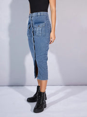 Women Blue Washed Denim Front Button Midi Skirt-SFSKRT30454