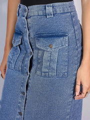 Women Blue Washed Denim Front Button Midi Skirt-SFSKRT30454
