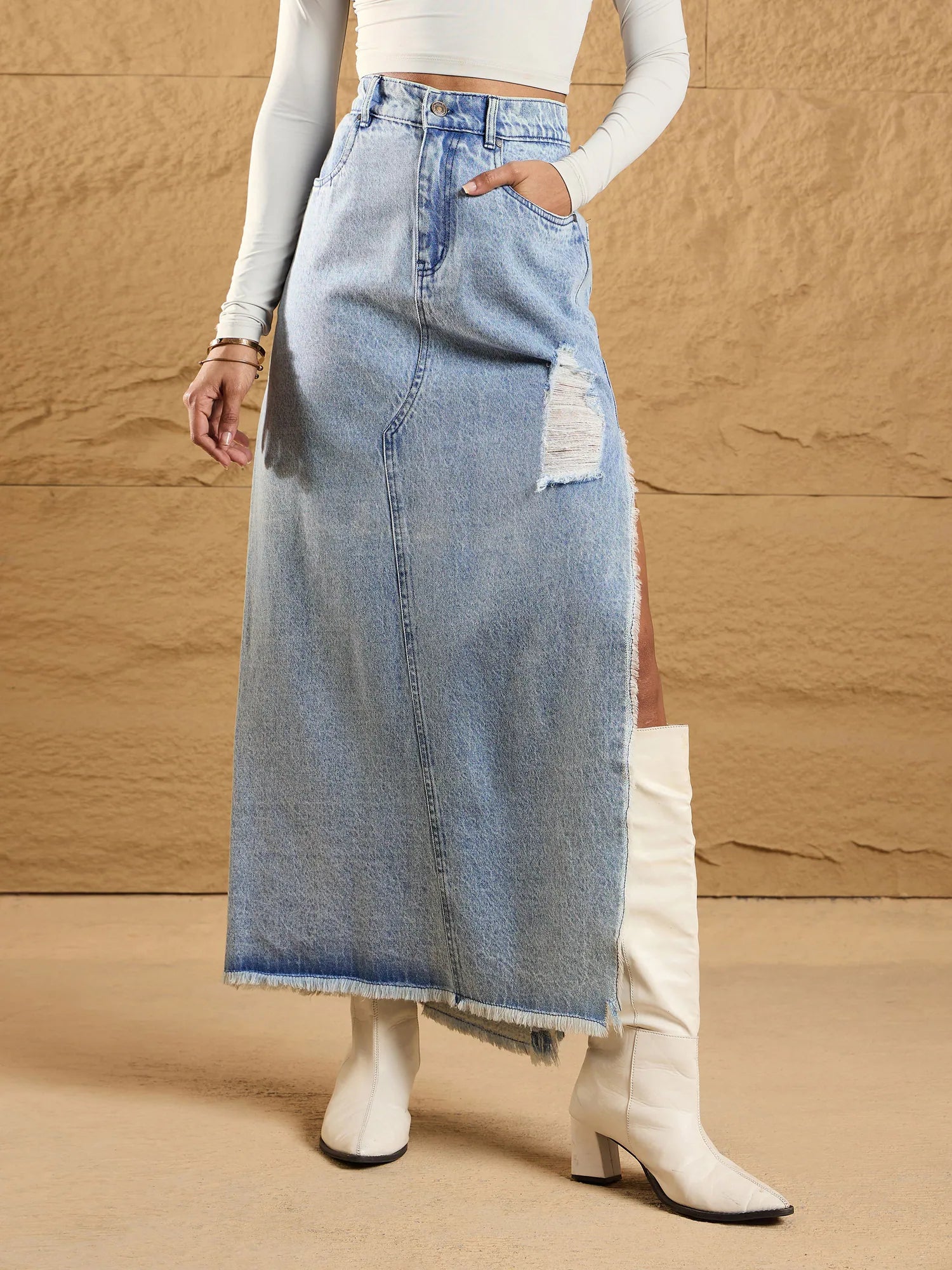 Ice Blue Distressed Maxi Skirt | Women's Western Wear