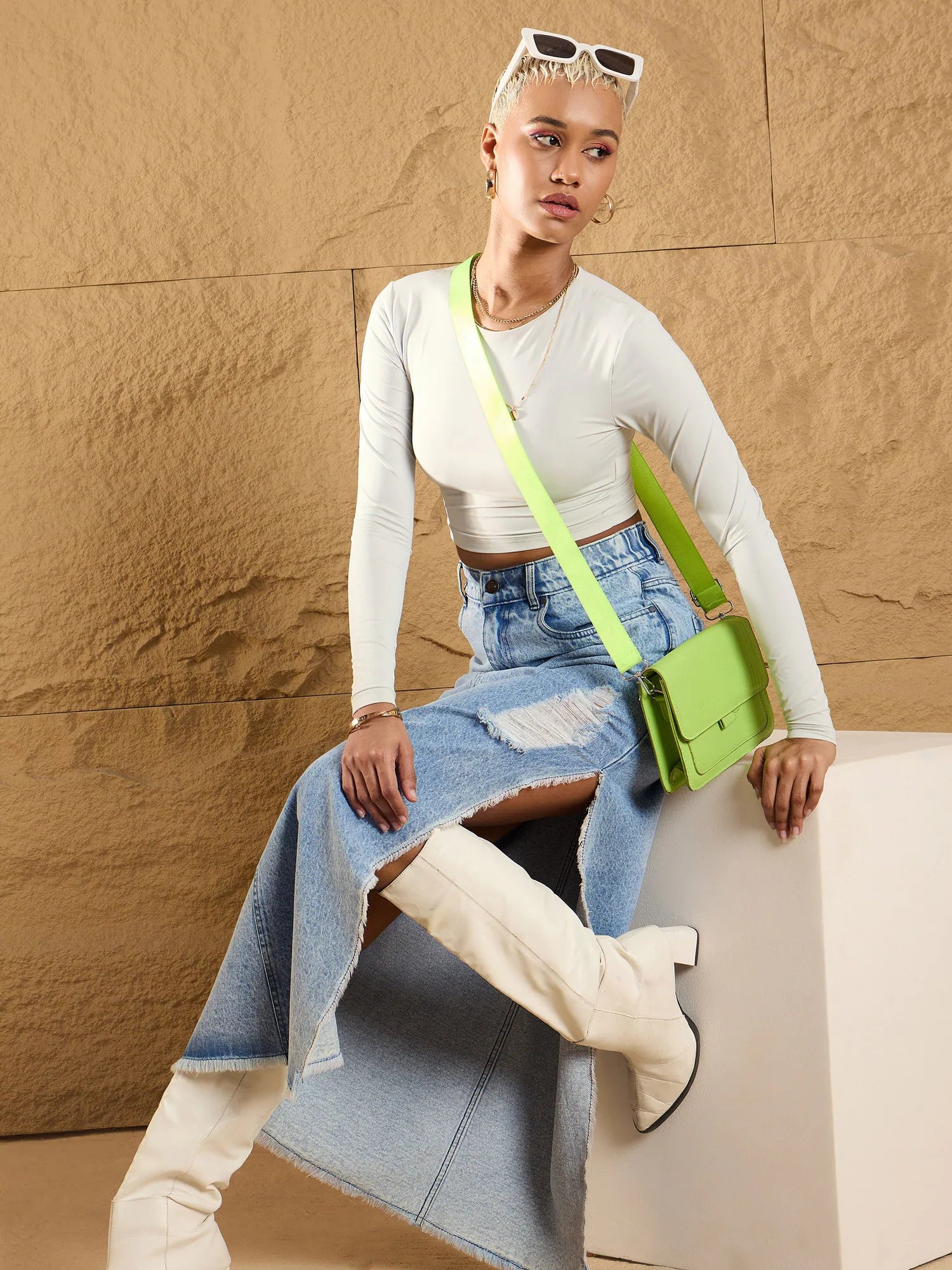 Ice Blue Distressed Maxi Skirt | Women's Western Wear