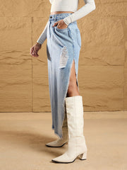 Women Ice Blue Distressed Side Slit Maxi Skirt-SFSKRT30455