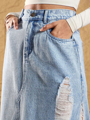 Women Ice Blue Distressed Side Slit Maxi Skirt-SFSKRT30455