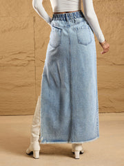 Women Ice Blue Distressed Side Slit Maxi Skirt-SFSKRT30455