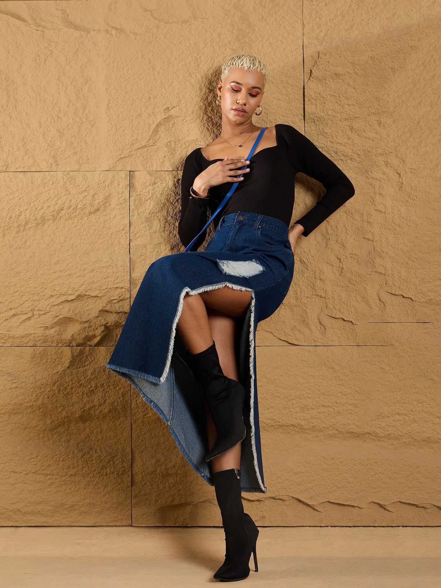 Navy Denim Distressed Maxi Skirt | Women's Western Wear