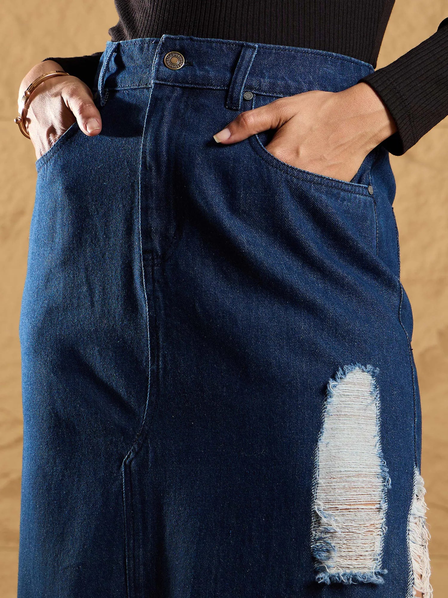 Navy Denim Distressed Maxi Skirt | Women's Western Wear
