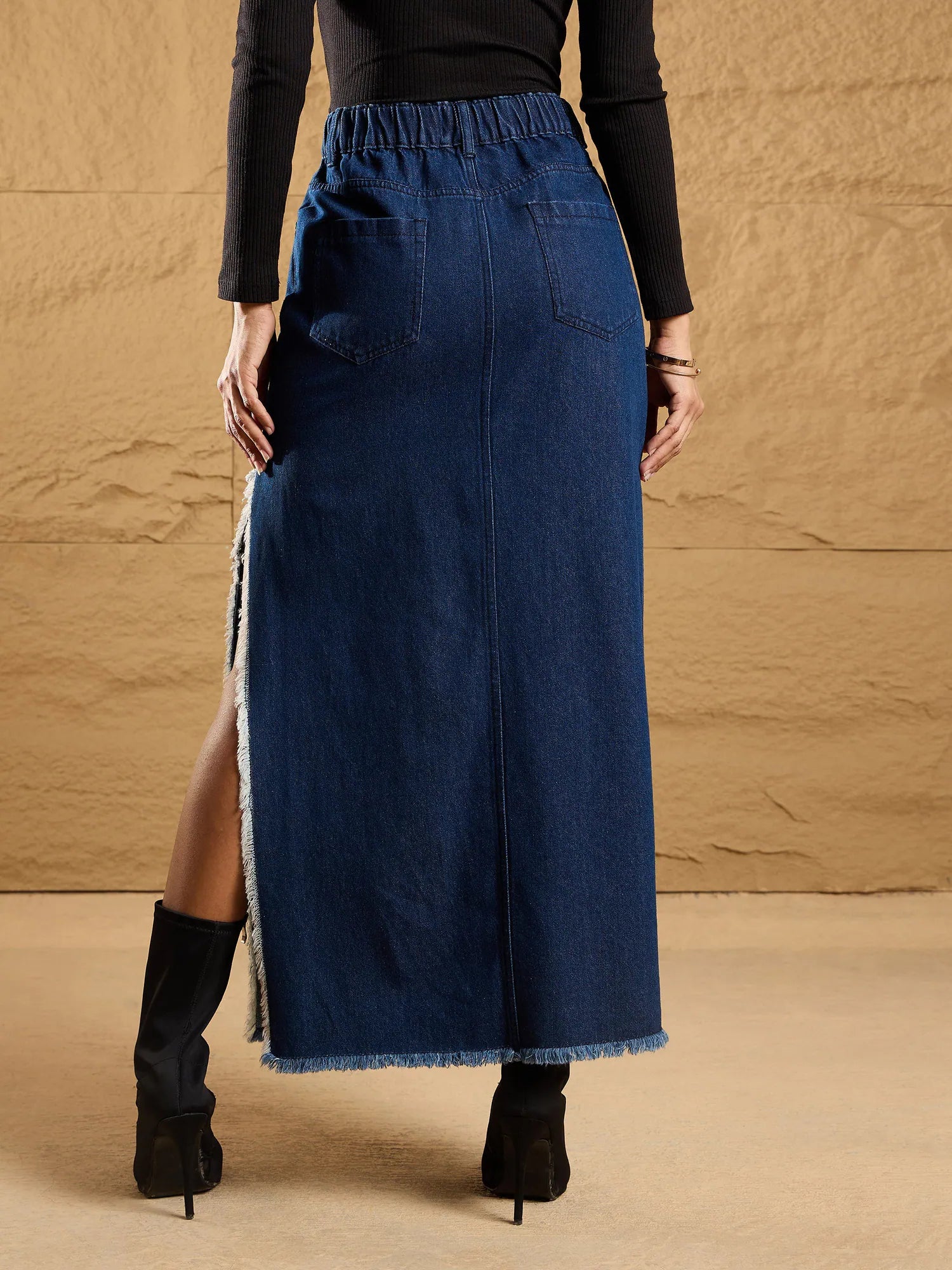 Navy Denim Distressed Maxi Skirt | Women's Western Wear