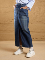 Women Blue Asymmetrical Waist Front Slit Maxi Skirt-SFSKRT30457