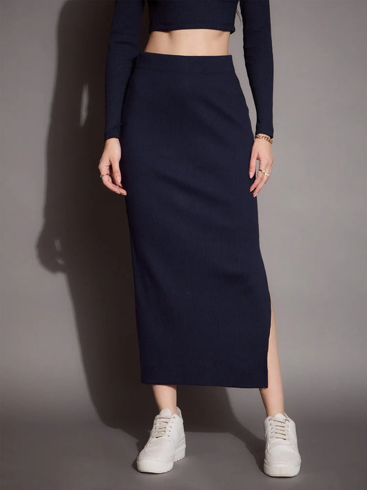Women Navy Rib Pencil Skirt-SFSKRT30462 1500