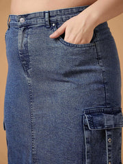 Women Blue Blast Denim Side Pocket Skirt-SFSKRT30463