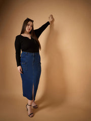 Women Navy Denim Wash Front Slit Skirt-SFSKRT30465