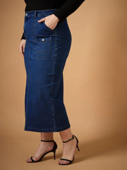 Women Navy Denim Wash Front Slit Skirt-SFSKRT30465