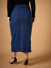 Women Navy Denim Wash Front Slit Skirt-SFSKRT30465