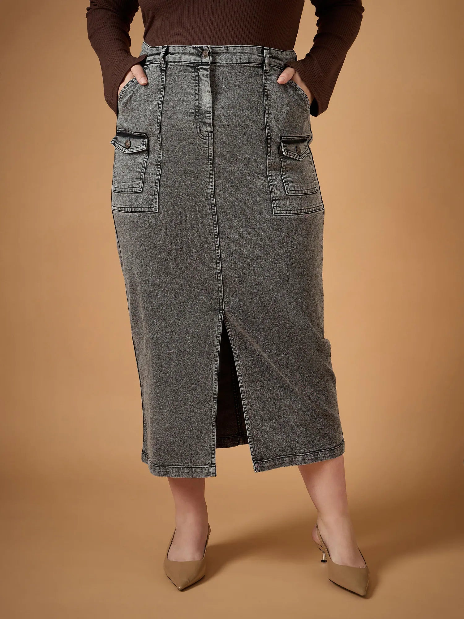 Black Denim Front Slit Skirt | Women's Western Clothing