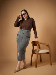 Women Black Denim Wash Front Slit Skirt-SFSKRT30466