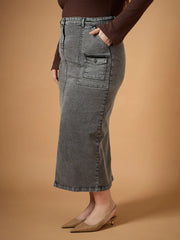 Women Black Denim Wash Front Slit Skirt-SFSKRT30466