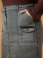 Women Black Denim Wash Front Slit Skirt-SFSKRT30466