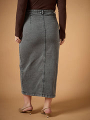 Women Black Denim Wash Front Slit Skirt-SFSKRT30466