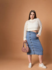 Women Blue Wash Denim Side Button Midi Skirt-SFSKRT30467