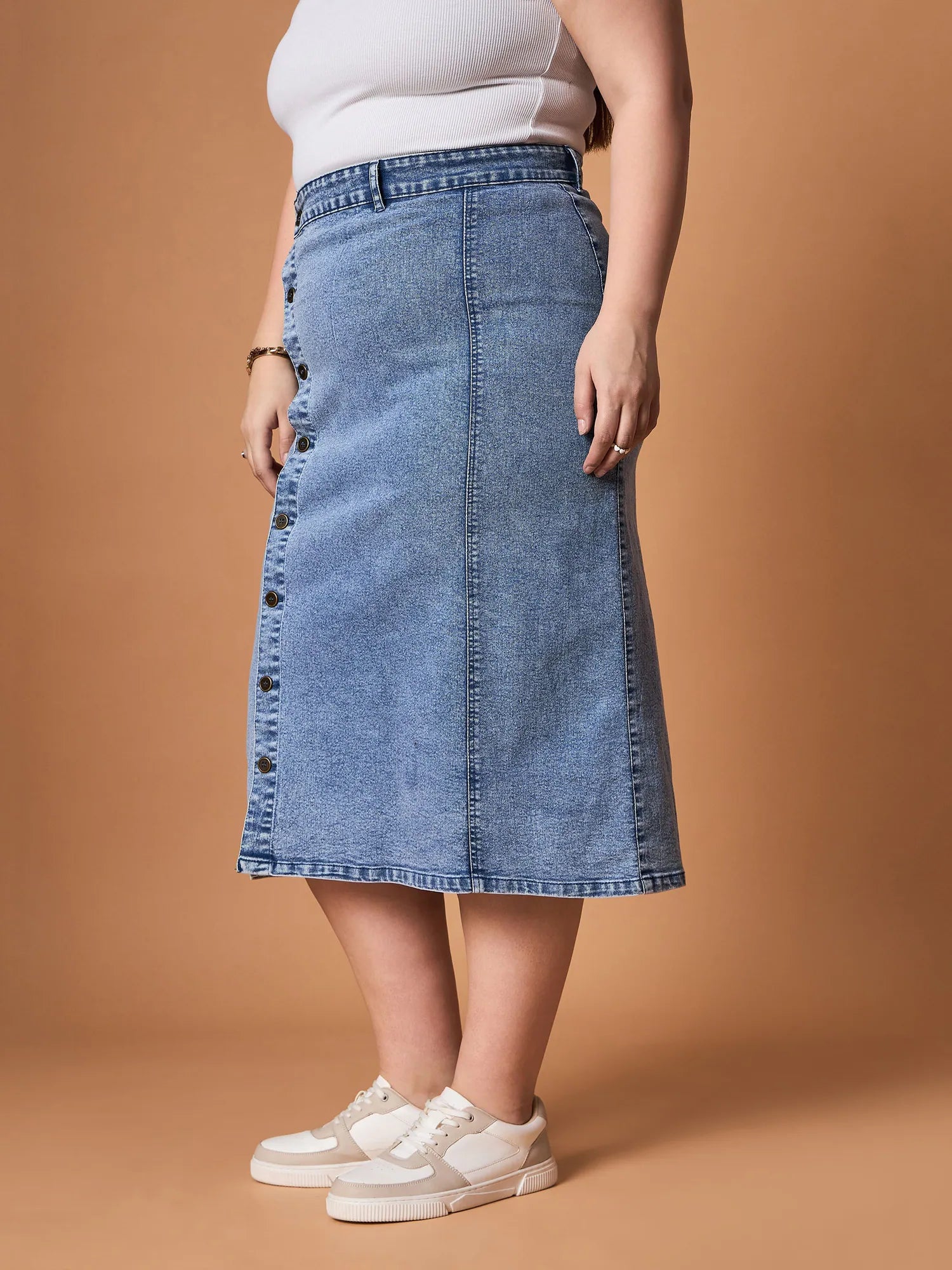 Blue Denim Midi Skirt - Women's Western Wear, Side Button Detail