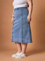 Women Blue Wash Denim Side Button Midi Skirt-SFSKRT30467